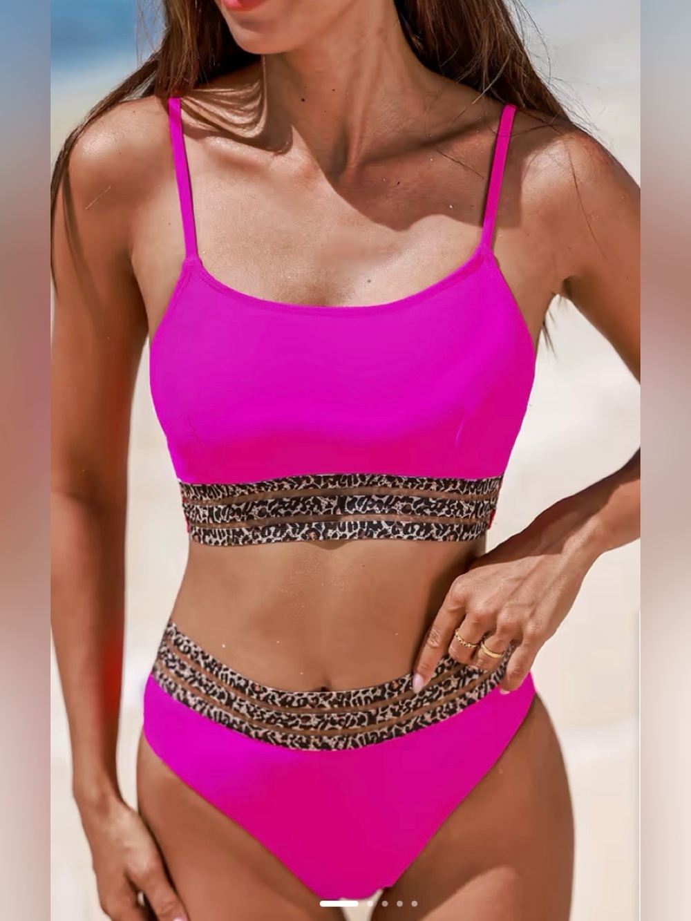 Hot Pink Bikini Set with Leopard Print Trim, Great for Pool, Beach or Vacation